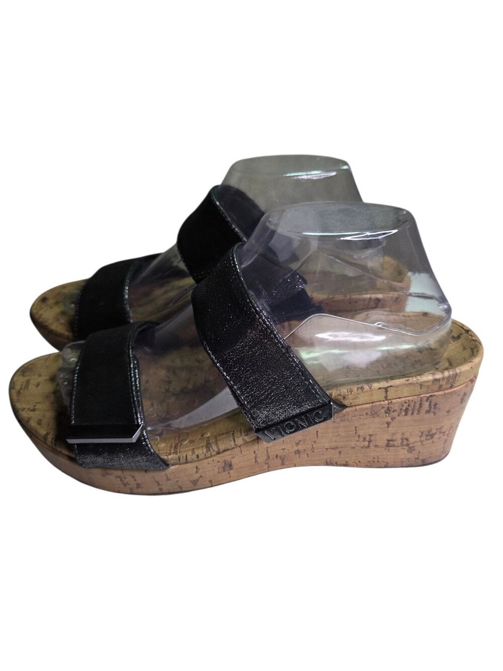 Vionic Pepper Grey Metallic Cork Wedge Slide Sandals Arch Support Women 9